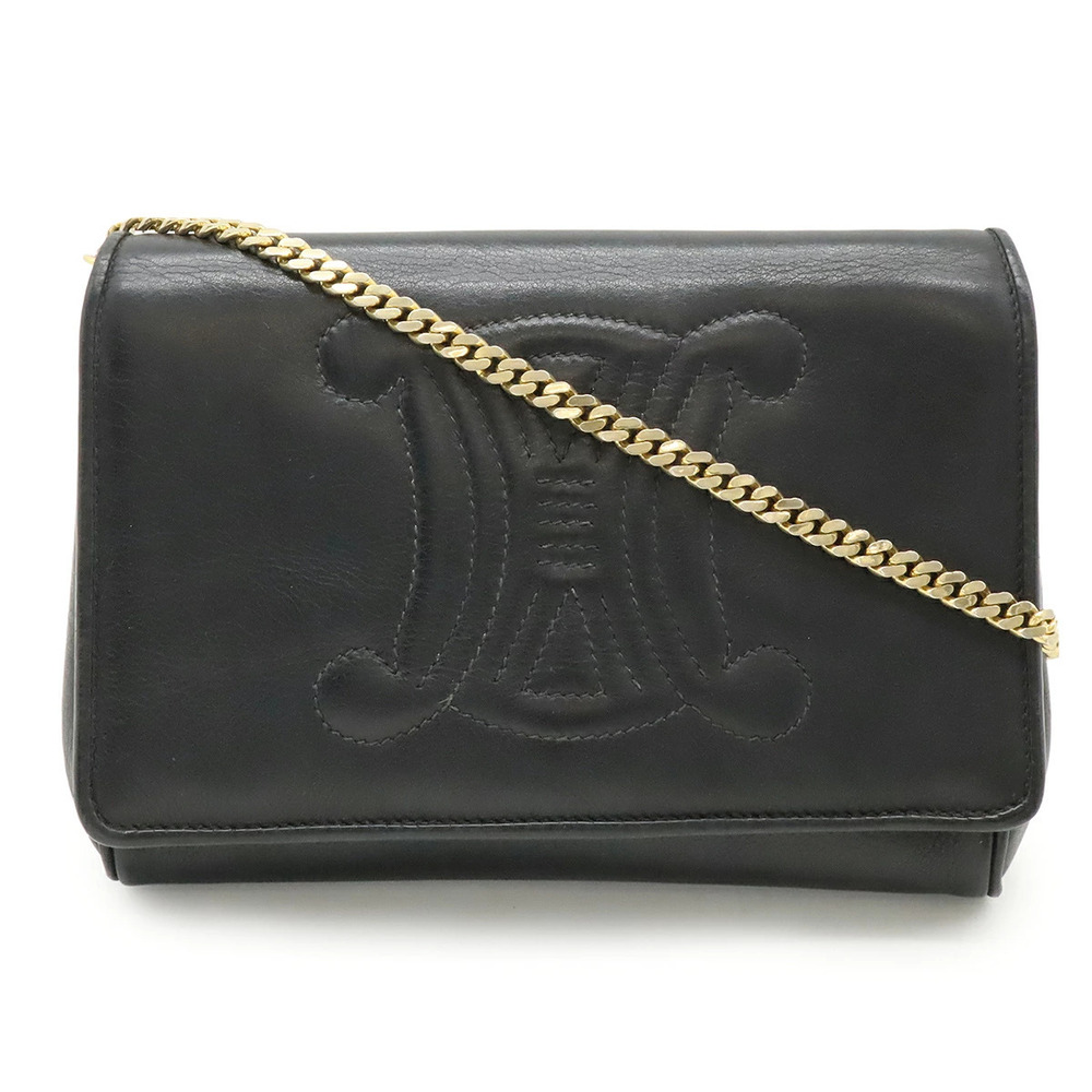 Celine Triomphe Chain Shoulder Bag Flap Crossbody Leather Black